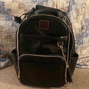 Black Leatherette Backpack Tote - Gold Accents